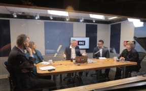 Morning Report's panel on the Budget, with presenter Guyon Espiner, centre, joined by Bernard Hickey, Sue Bradford, Scott Campbell and Fran O'Sullivan.