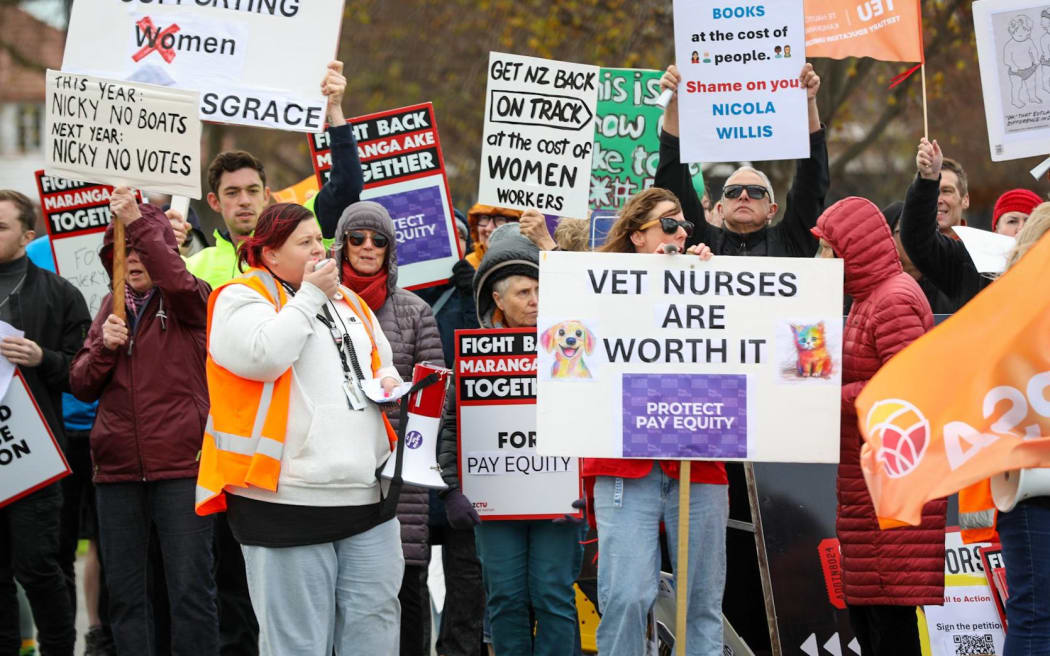 Christchurch protestors rally against changes to pay-equity reform in the government budget.