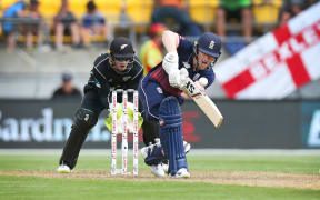 Eoin Morgan bats during the third ODI cricket match between the Black Caps and England.
