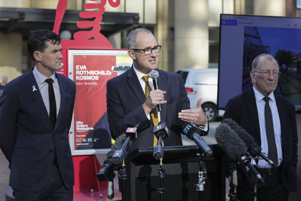 Transport Minister Phil Twyford, Wellington City Mayor Justin Lester and Wellington Regional Mayor Chris Laidlaw announce the Let's Get Wellington Moving project