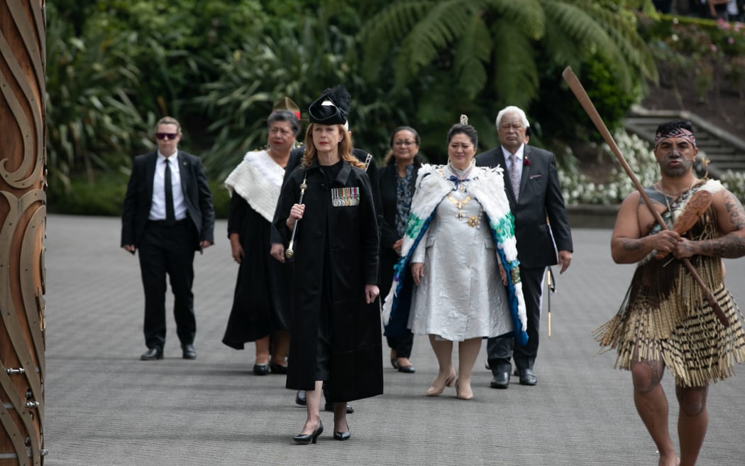 The Usher of the Black Rod, Sandra McKie (centre) leads Governor-General Dame Cindy Kiro to the State Opening of the 54th Parliament.