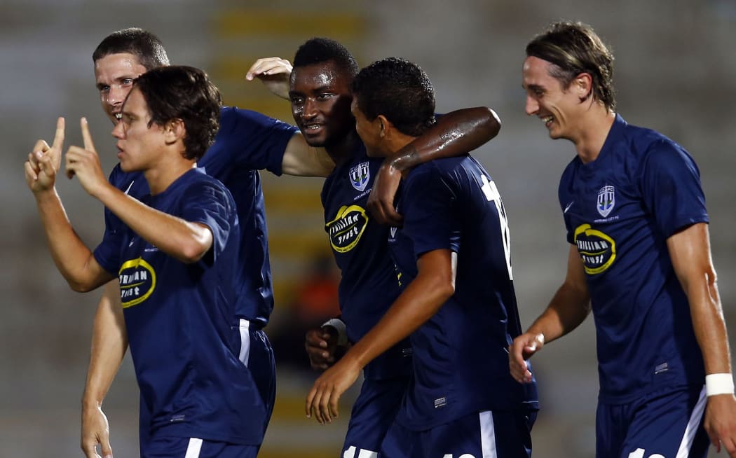 Auckland's Joao Moreira celebrates his goal with his team-mates.