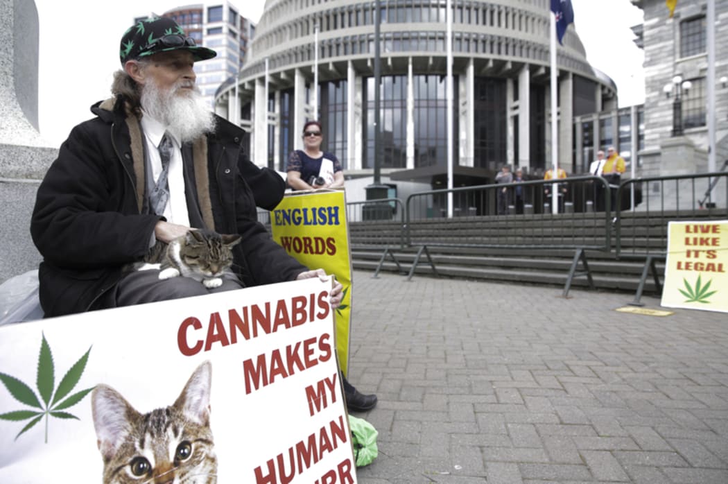Members of Parliaments, lobists and supports gathered outside Parliament with petition to legalise cannabis, 17,000 people signed the petition. Gary Chiles with his cat Tiffany.