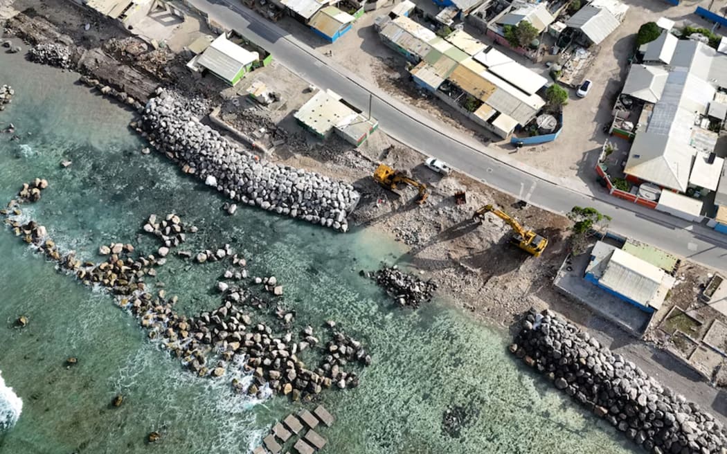 Australian company Hall Contracting is building the Ebeye seawall using two shipments of rocks from Dubai. (Supplied: Hall Contracting)