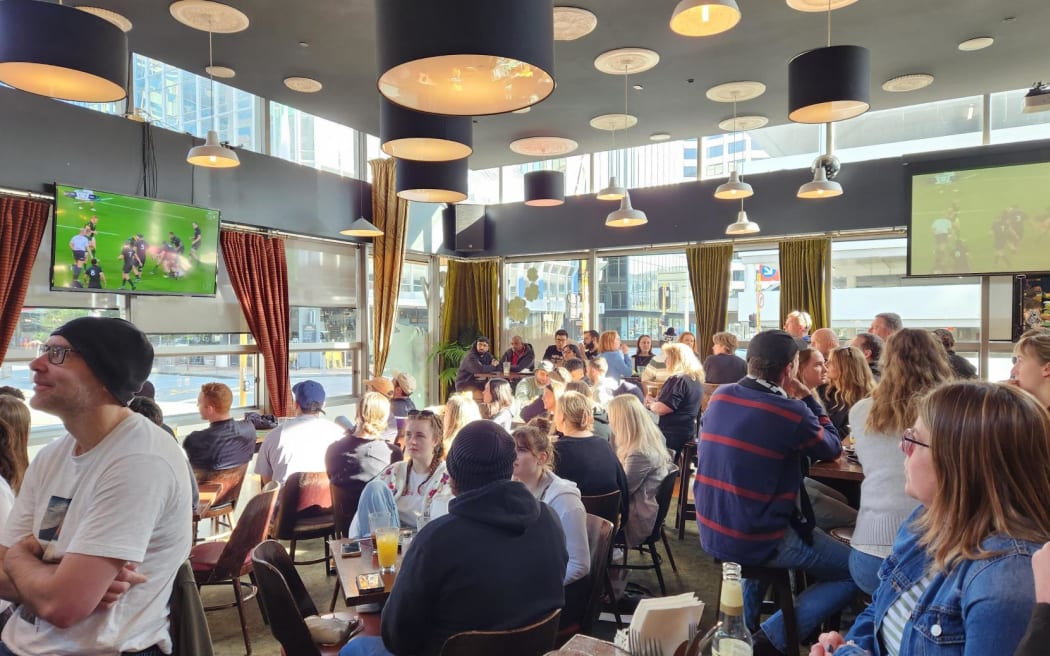 The Green Man Pub in Wellington is packed full of nervous All Black supporters at New Zealand takes on South Africa in the final of the 2023 Rugby World Cup on 29 October.