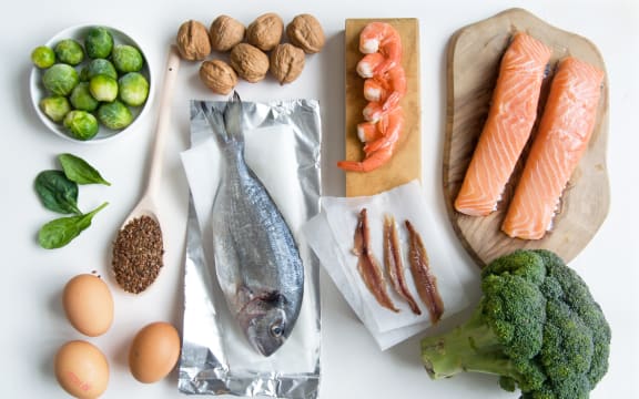 Collection of foods high in fatty acids omega 3 including seafood, vegetables and seeds