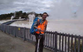 Microbiology lecturer Professor Matthew Stott researching microorganisms at Champagne Pool, Waiotapu, near Rotorua.