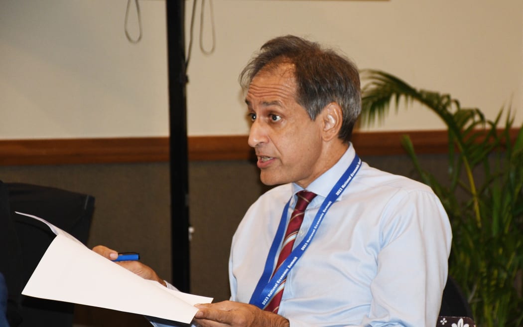 The chair of Fiji's Fiscal Review Committee, Richard Naidu, speaks during the National Economic Summit in Suva. April 2023