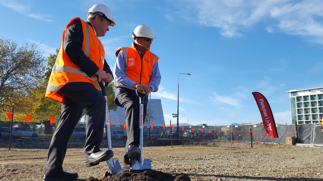 Fletcher Building CEO Steve Evans (left) and Otakaro ltd CEO Albert Brantley (right) breaking the ground on the construction site.