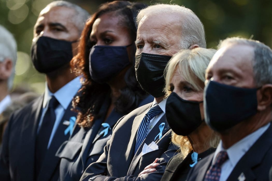 Former President Barack Obama, former First Lady Michelle Obama, President Joe Biden, First Lady Jill Biden and former New York City Mayor Michael Bloomberg  on September 11, 2021 in New York City.
