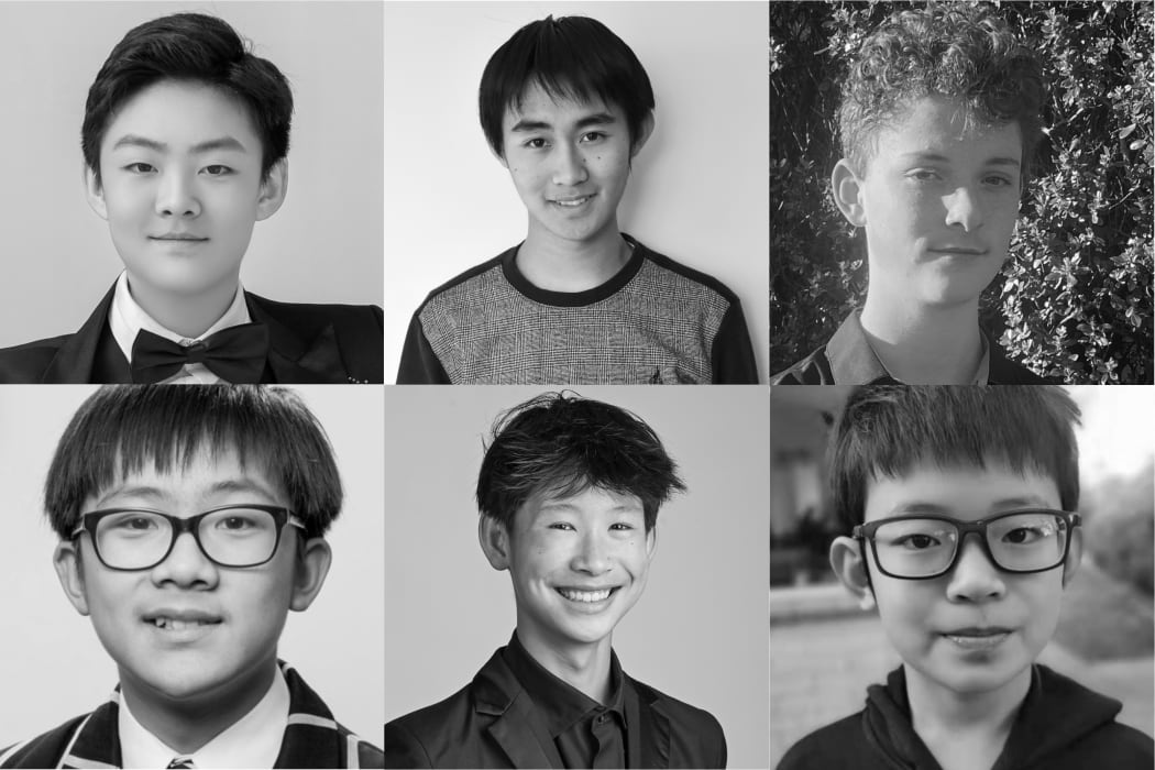 Thumbnail headshots of the six finalists at the 2023 Lewis Eady National Junior Piano Competition: Leo Liu, Luke Ding, Ozan Biner-McGrath, Ryan Gu, Shan Liu & William Ding