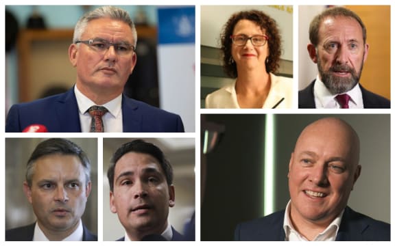 Kelvin Davis, Liz MacPherson, Andrew Little, James Shaw, Simon Bridges, and Chris Luxon