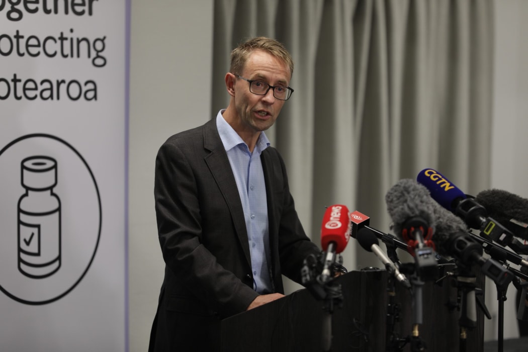 Ashley Bloomfield speaking at a media briefing after the first group of New Zealand border workers were vaccinated.