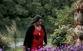 Halima Stewart at her ex-husband Bruce Stewart's grave at Tapu Te Ranga