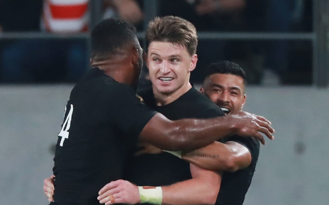 Beauden Barrett of New Zealand reacts after scoring a try in the first half of the 2019 Rugby World Cup Japan Quarter-Finals match against Ireland at Tokyo Stadium in Chofu City, Tokyo on October 19, 2019.