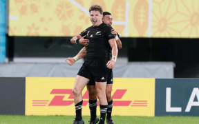 Beauden Barrett after his try with Richie Mo'unga during the first half of New Zealand v Ireland quarterfinal at Rugby World Cup 2019.