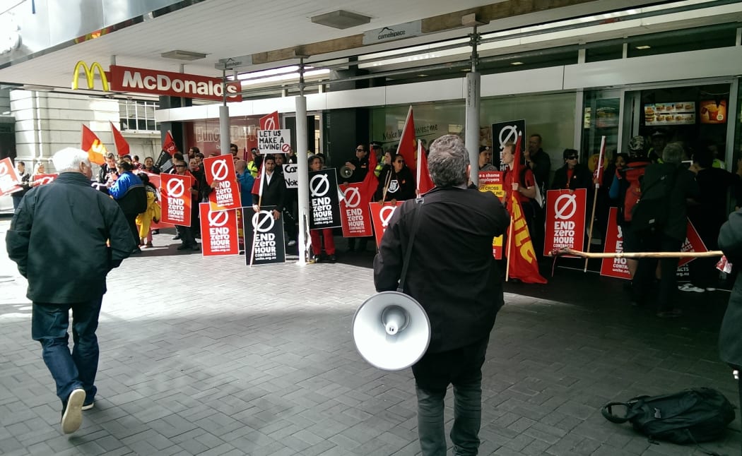 A protest held in Auckland in mid-April against McDonald's zero-hour contracts.