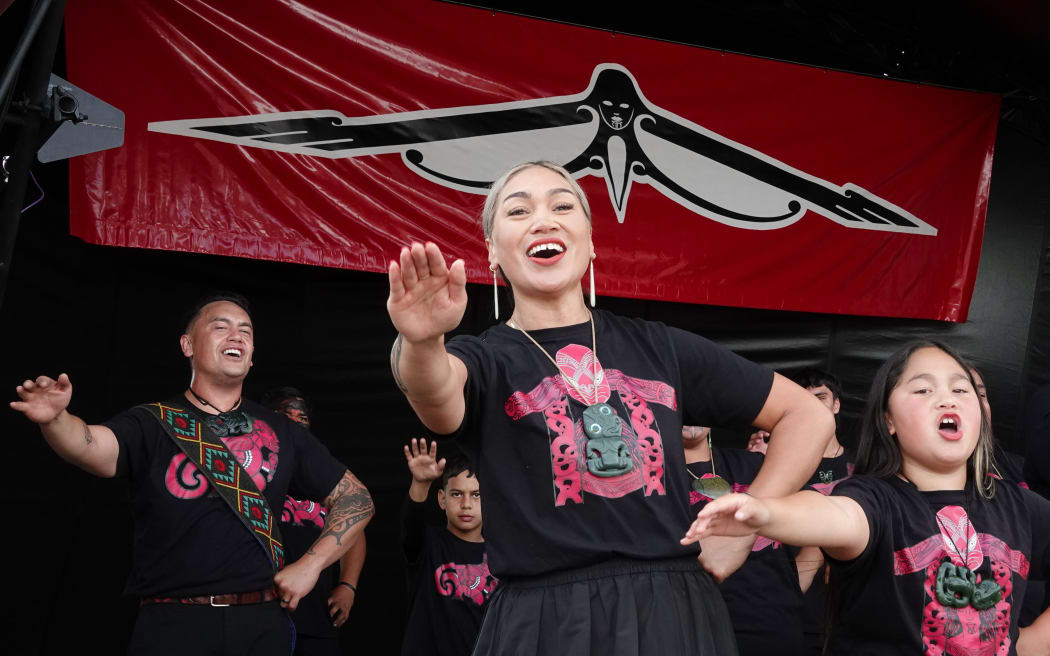 Muritere Apiata performs with Ngāti Kawa, Ngāti Rahiri, Te Matarahurahu kapa haka, based at Te Tii Marae in Waitangi.