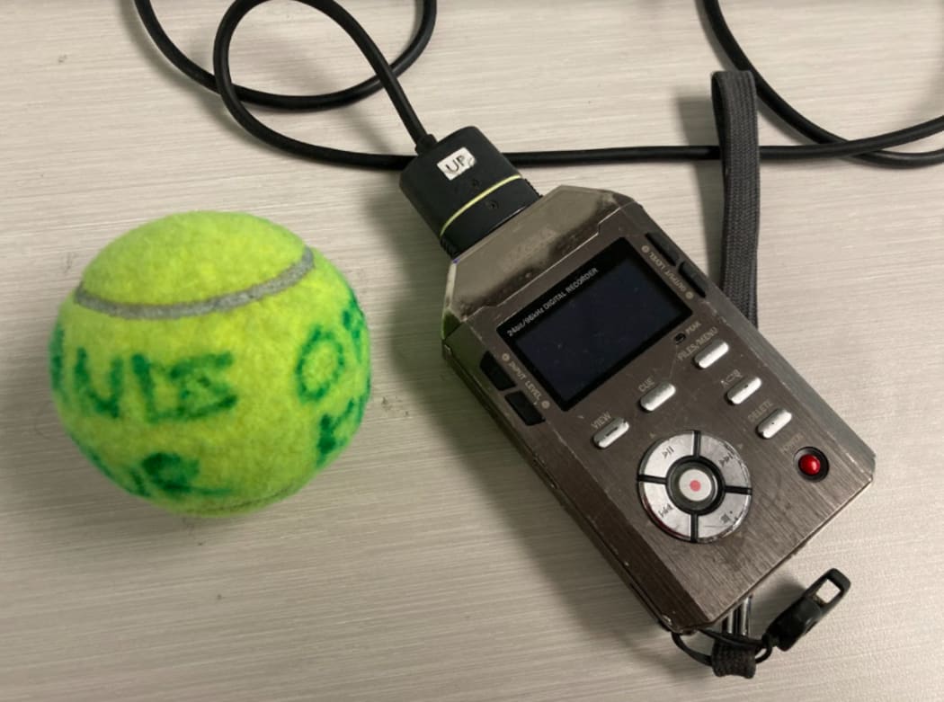 One of tennis balls hurled at reporters on Tuesday by protestors - with the message "Hands off our kids."