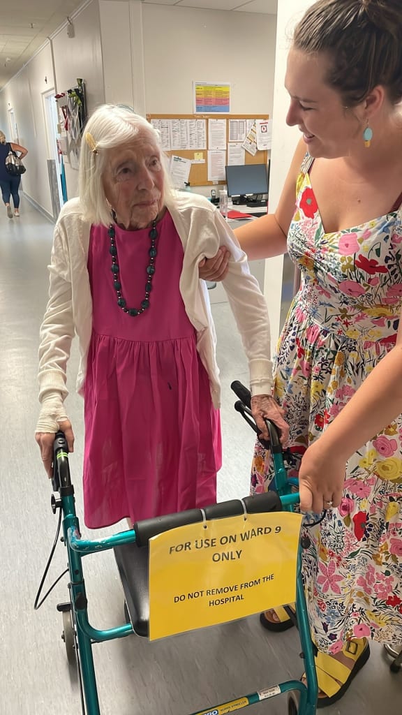 Judith's family say they had to try to get her mobile enough to return to her aged-care facility after she broke her hip.