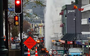 The broken water main in central Dunedin.