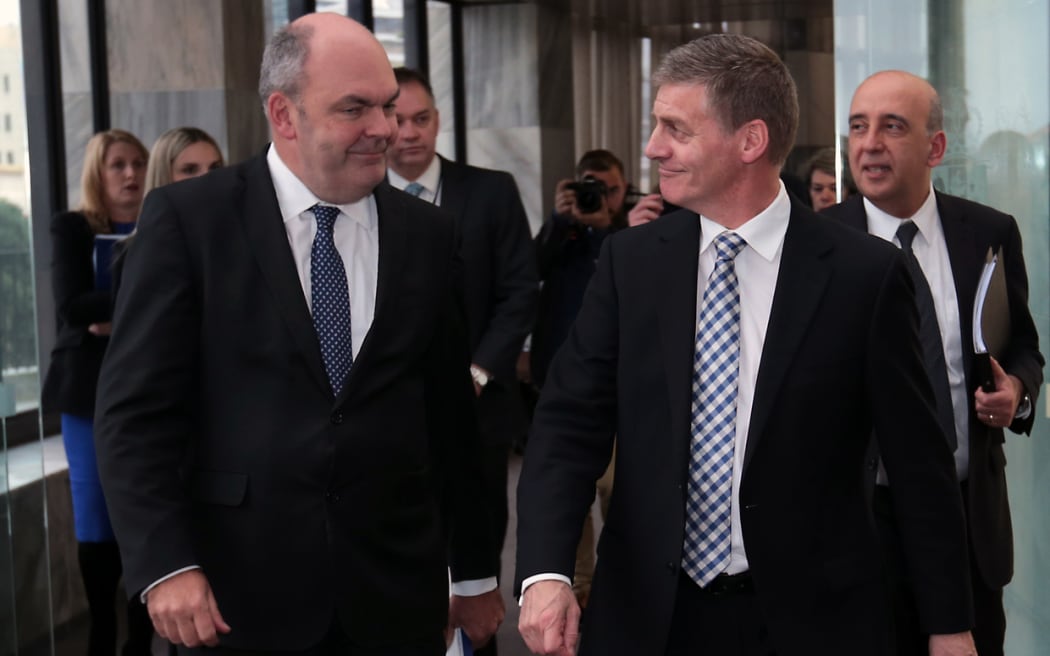 Steven Joyce and Bill English emerging from the Budget lockup on Thursday.