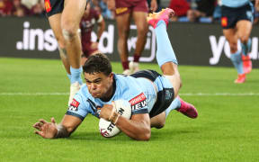 Latrell Mitchell scores a try for the NSW Blues in 2021