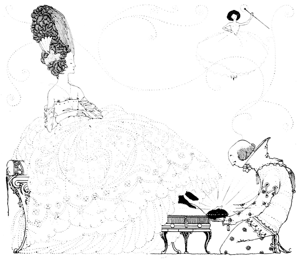 Illustration of Cinderella trying on the glass slipper from The Fairy Tales of Charles Perrault.