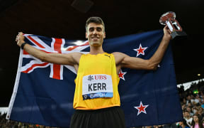 New Zealand's Hamish Kerr celebrates after winning the High Jump Men event of the Diamond League title, Zurich, 2025.
