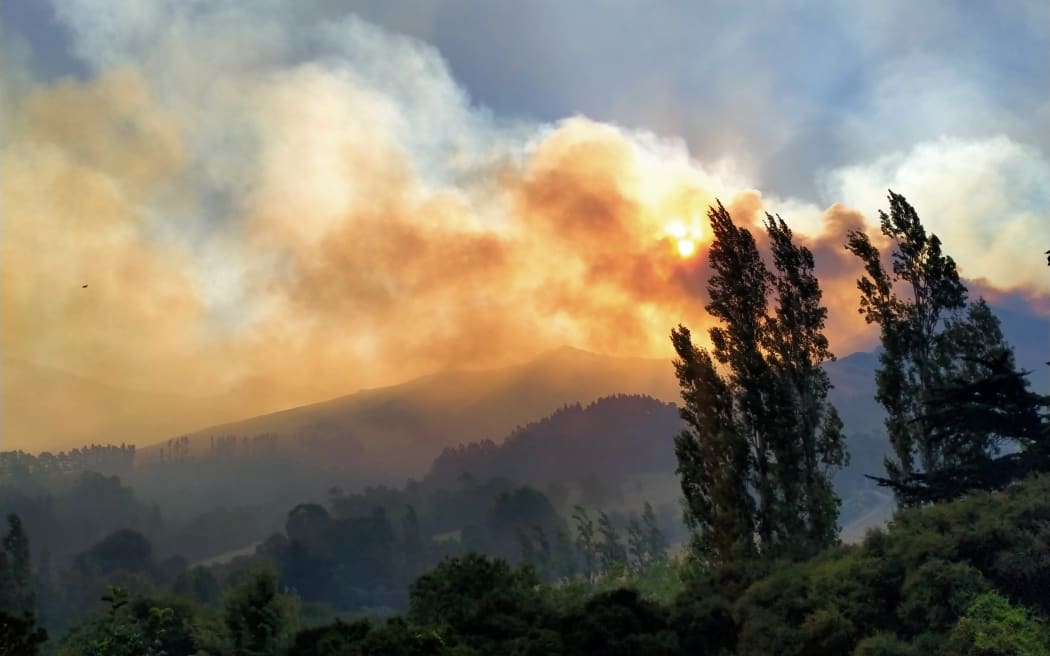 The Port Hills fire on 14 February 2024 as seen from Ōhinetahi Valley.