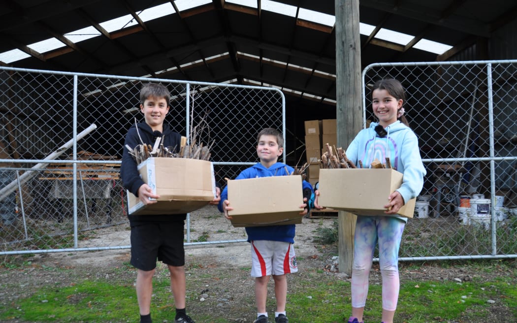 Thomas, 12, Oliver, 7 and Isabella, 10 with some of their Kindling Boxes.