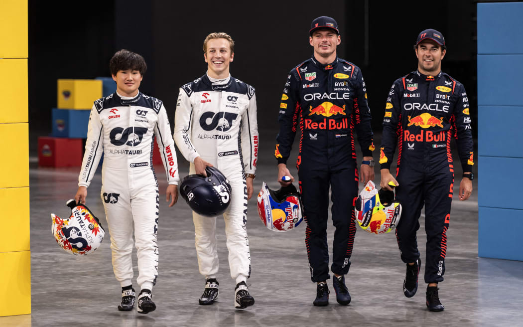 Second-tier drivers Yuki Tsunoda and Liam Lawson and Oracle Red Bull drivers Max Vertsappen and Sergio Perez (L to R).