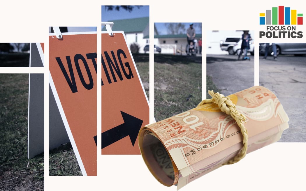 Graphic showing a voting location and a bundle of cash, with branding for the Focus on Politics podcast.
