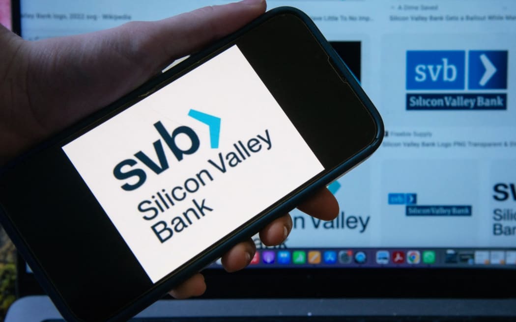 Silicon Valley Bank's logo on a phone screen.