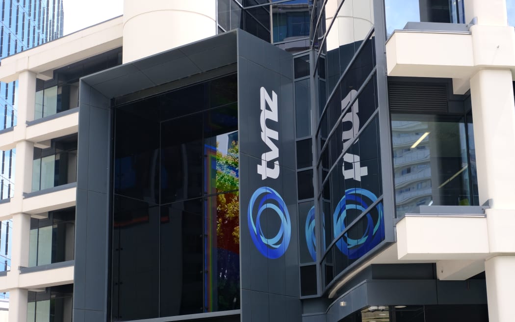 The TVNZ logo on the front side of the Auckland Central office.