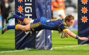 Otago pivot Hayden Parker dots down at Forsyth Barr Stadium