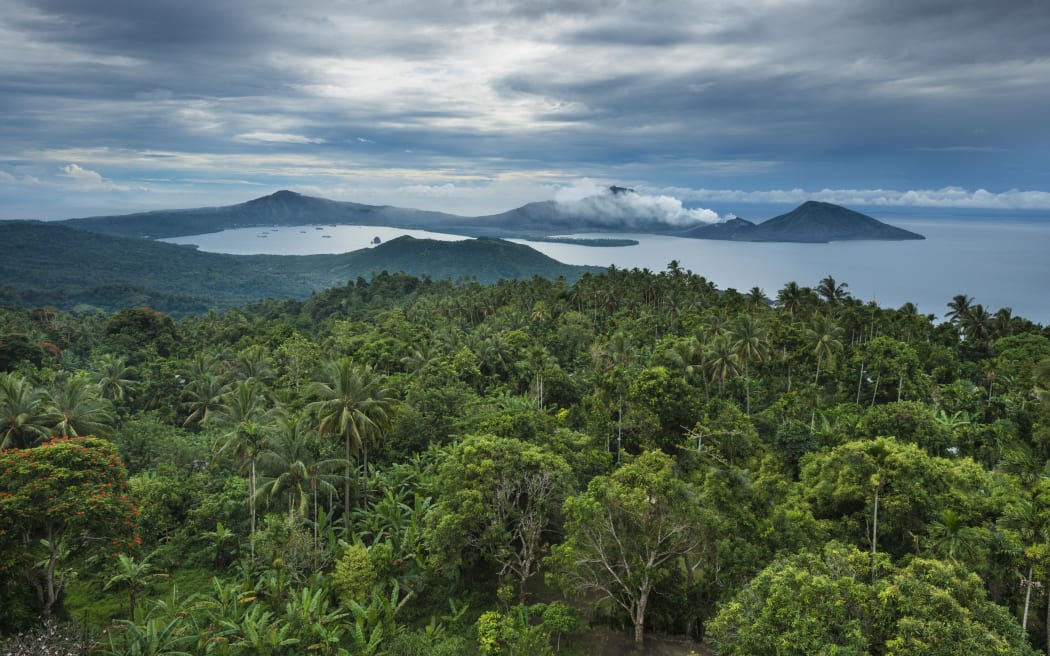 Papua New Guinea, Bismarck Archipelago, Gazelle peninsula, New Britain island, East New Britain province, Rabaul, Rabaul Bay, Matupit island, Tavuvur, Turangunan, Tovanumbatir, Rabalanakaia et Vulcan volcanoes seen from Malmaluan viewpoint (Photo by DOZIER Marc / hemis.fr / Hemis via AFP)
