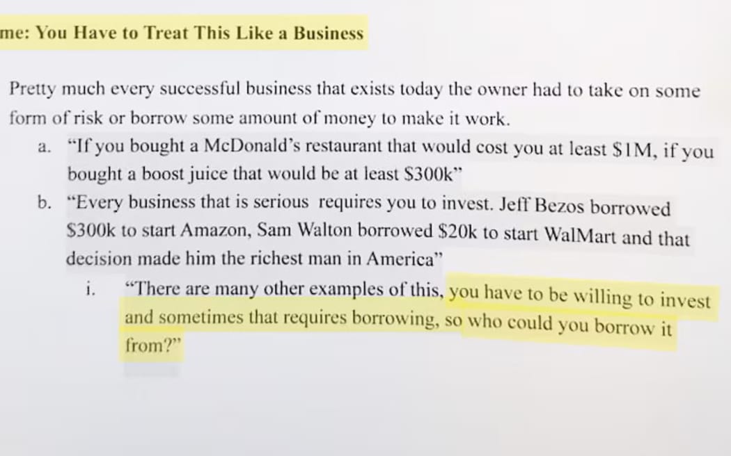 In Sara's copy of Luke's "business blueprint" manual, he tells his clients to "be willing to invest" and sometimes "that requires borrowing".