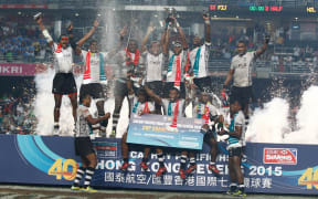 Fiji celebrate winning the Hong Kong Sevens.