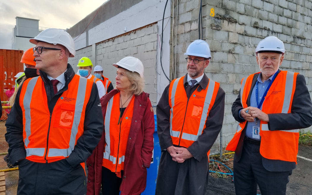 Health Minister Andrew Little (second right) at the construction site of Dunedin's new hospital.