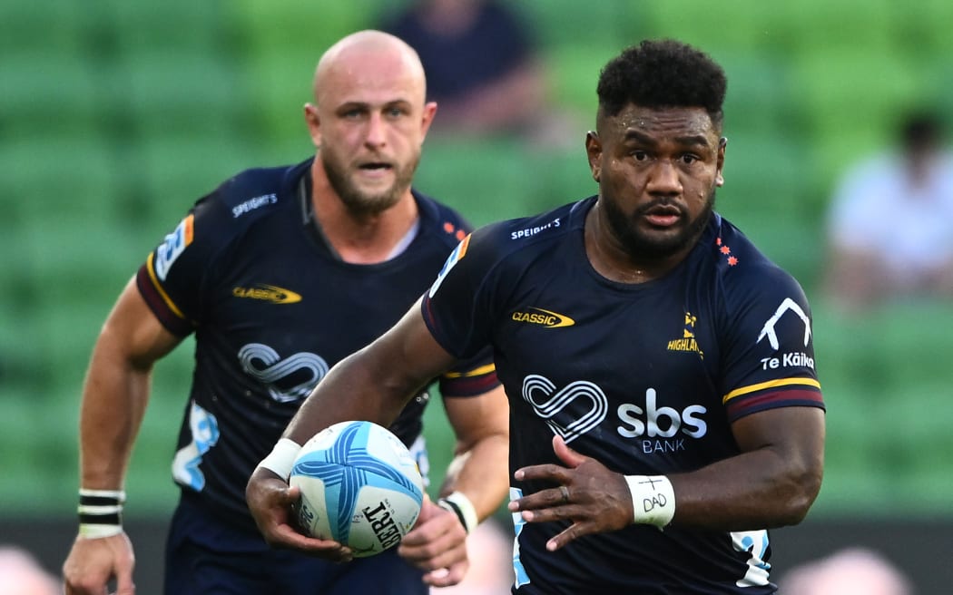 Timoci Tavatavanawai, right, and Hugh Renton in action during the Super Rugby Pacific Round 2 match between the Highlanders and the Blues at AAMI Park in Melbourne, 1 March, 2024.