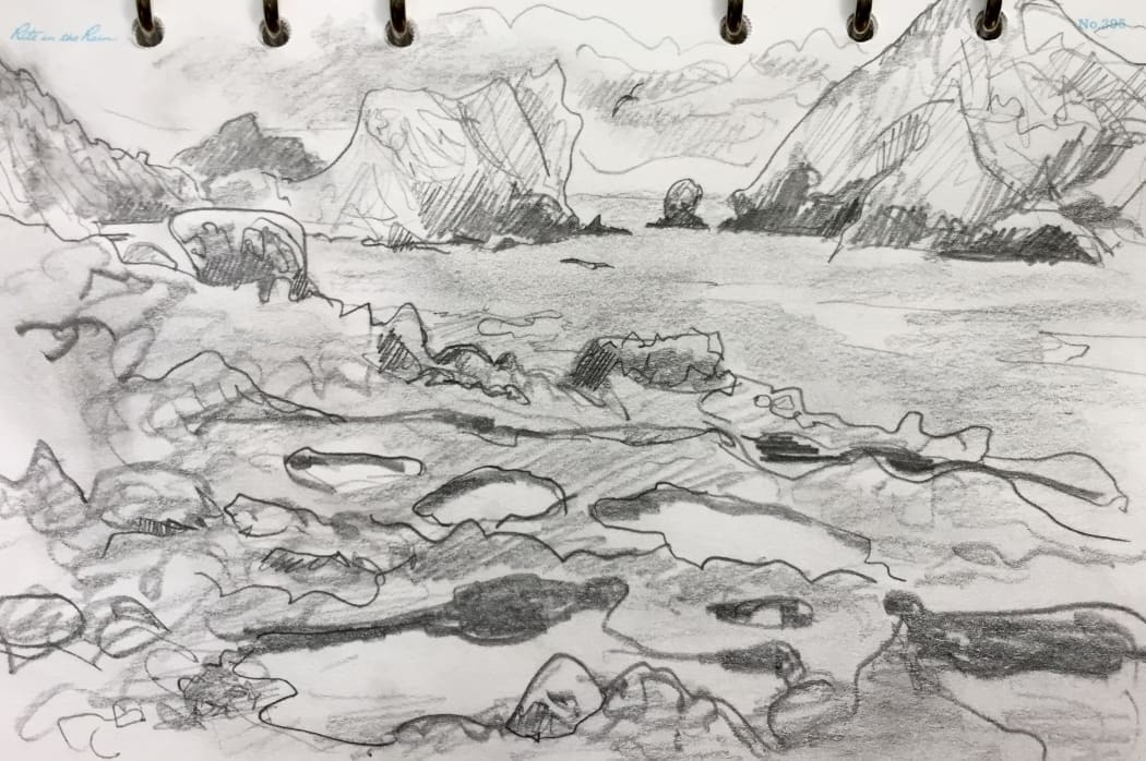 View across tidal pools on Aorangi Island's east coast, towards the Tawhiti Rahi, as sketched by Abby McBride.