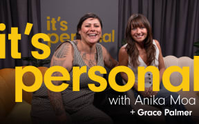 Photo of Anika Moa and guest smiling. They are sitting on the couches where the interview takes place. The podcast title ‘It’s Personal with Anika Moa ’ Is written Plus the guest’s name,