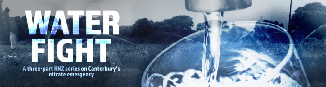 Water Fight: A three-part RNZ series on Canterbury's nitrate emergency. Composite of drinking water and grass paddock with sprinklers.