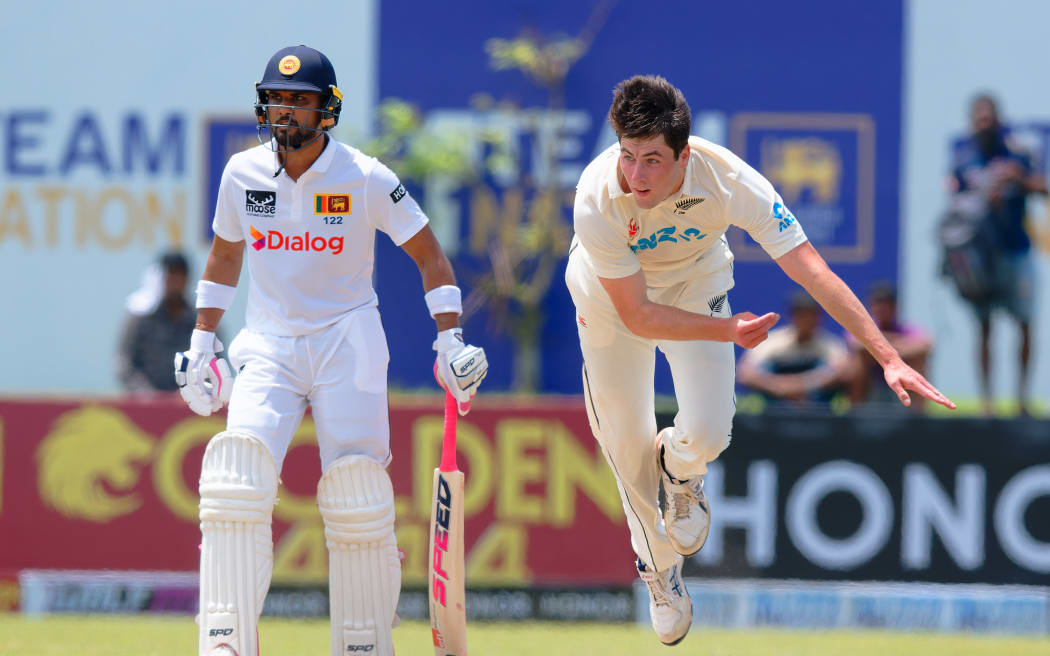 New Zealand bowler Will O'Rourke in action against Sri Lanka in Galle, 2024.