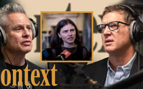 Guyon Espiner is wearing headphones positioned on the left of the image looking to the right. Corin Dann is wearing headphones on the right of the image looking towards the left. In the middle of the image is a yellow square featuring a photo of Green party co-leader Chloe Swarbrick. In the bottom left hand corner is the logo for the podcast series 'Context' in mustard yellow.