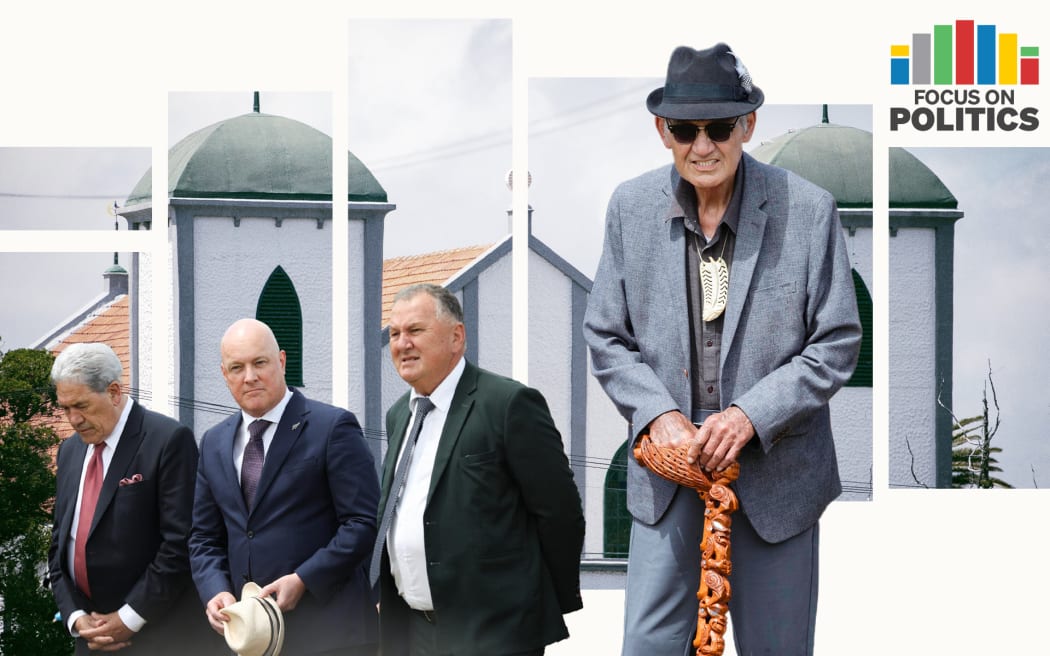 Collage of Kiingi Tuuheeitia at Rātana Church with Winston Peters, Christopher Luxon and Shane Jones behind.