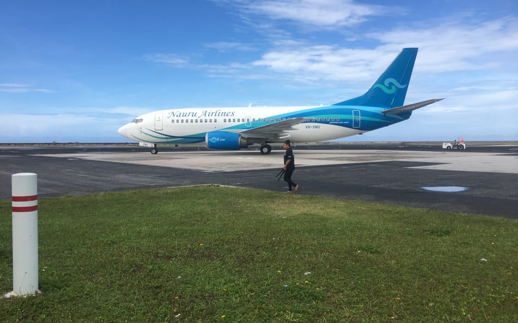A Nauru Airlines Boeing-737 on the tarmac in Majuro in this 2020 file photo. With Australia Pacific Flights Program funding, the airline is resuming its central and north Pacific service on October 16.