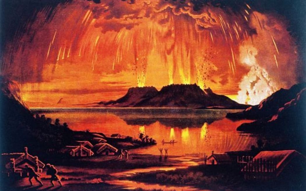 Mt Tarawera in Eruption June 10 1886. Chromolithograph of oil painting printed by A. D. Willis, Wanganui in 1886.
