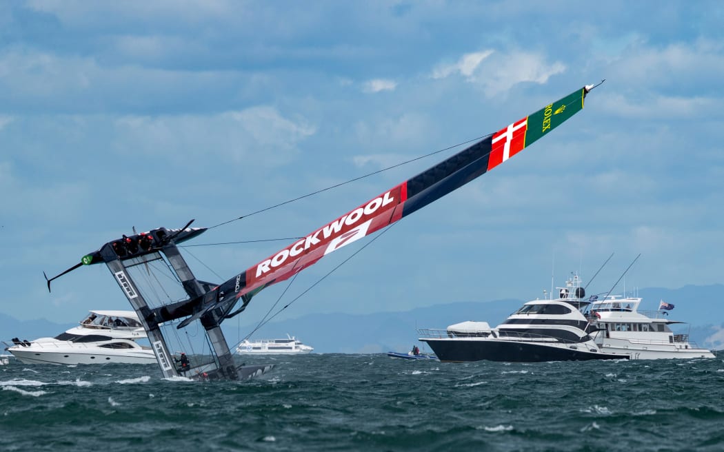Denmark SailGP Team helmed by Nicolai Sehested nearly capsize during practice ahead of Race Day 2.